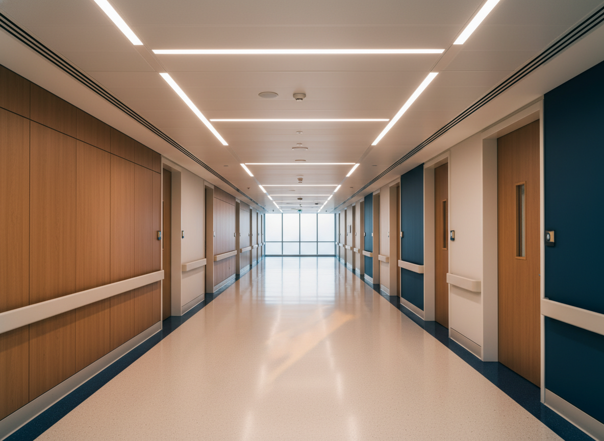 Couloir d'hôpital moderne vide, panneaux bois et terrazzo clair, lumière chaude en fond — perspective vanishing-point.