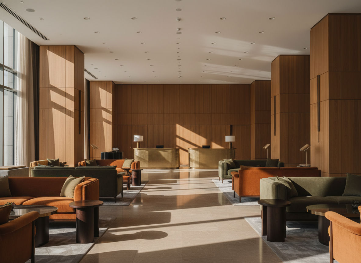 Hall de hôtel 5 étoiles vide, boiseries chaudes, fauteuils en cuir, lumière du soir filtrée par les fenêtres.