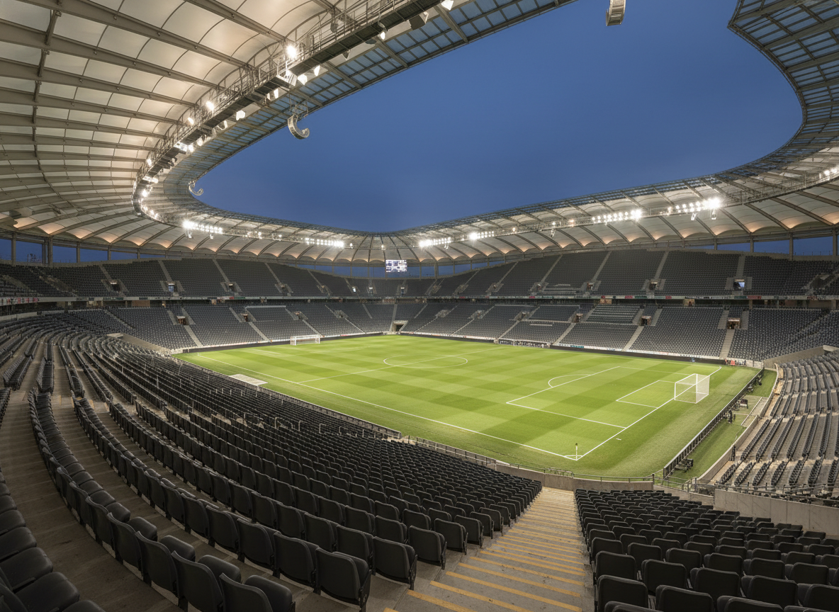 Intérieur d'un grand stade européen moderne vide au crépuscule — courbe continue des sièges anthracite, pelouse émeraude éclairée au centre, structure de toit blanche en cantilever, ciel bleu marine. La sortie d'événementiel signature BBRS.