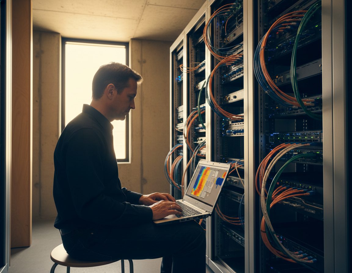 Ingénieur réseau étudiant une heatmap Wi-Fi sur un ordinateur portable, devant une baie de brassage soigneusement câblée — phase de conception réseau.