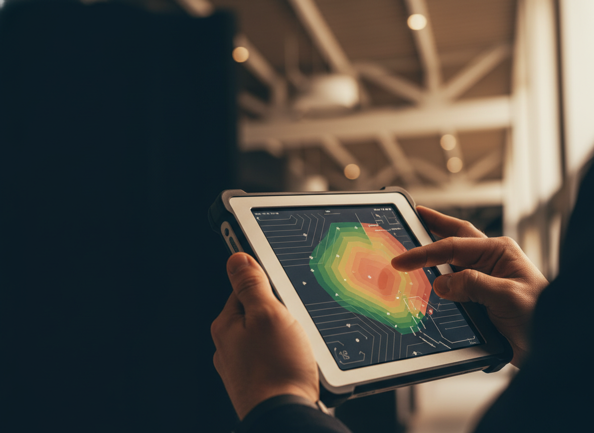 Hands holding a Wi-Fi site-survey tablet showing a coverage heatmap (green, yellow and coral zones) over an architect's floor plan — event-hall ceiling in bokeh behind.
