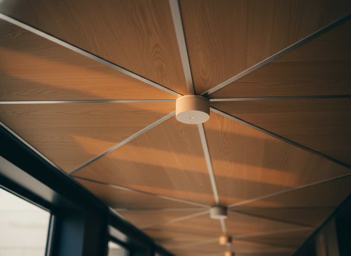 Points d'accès Wi-Fi fixés au plafond d'un couloir de bureaux, panneaux de bois et lumière rasante de fin de journée