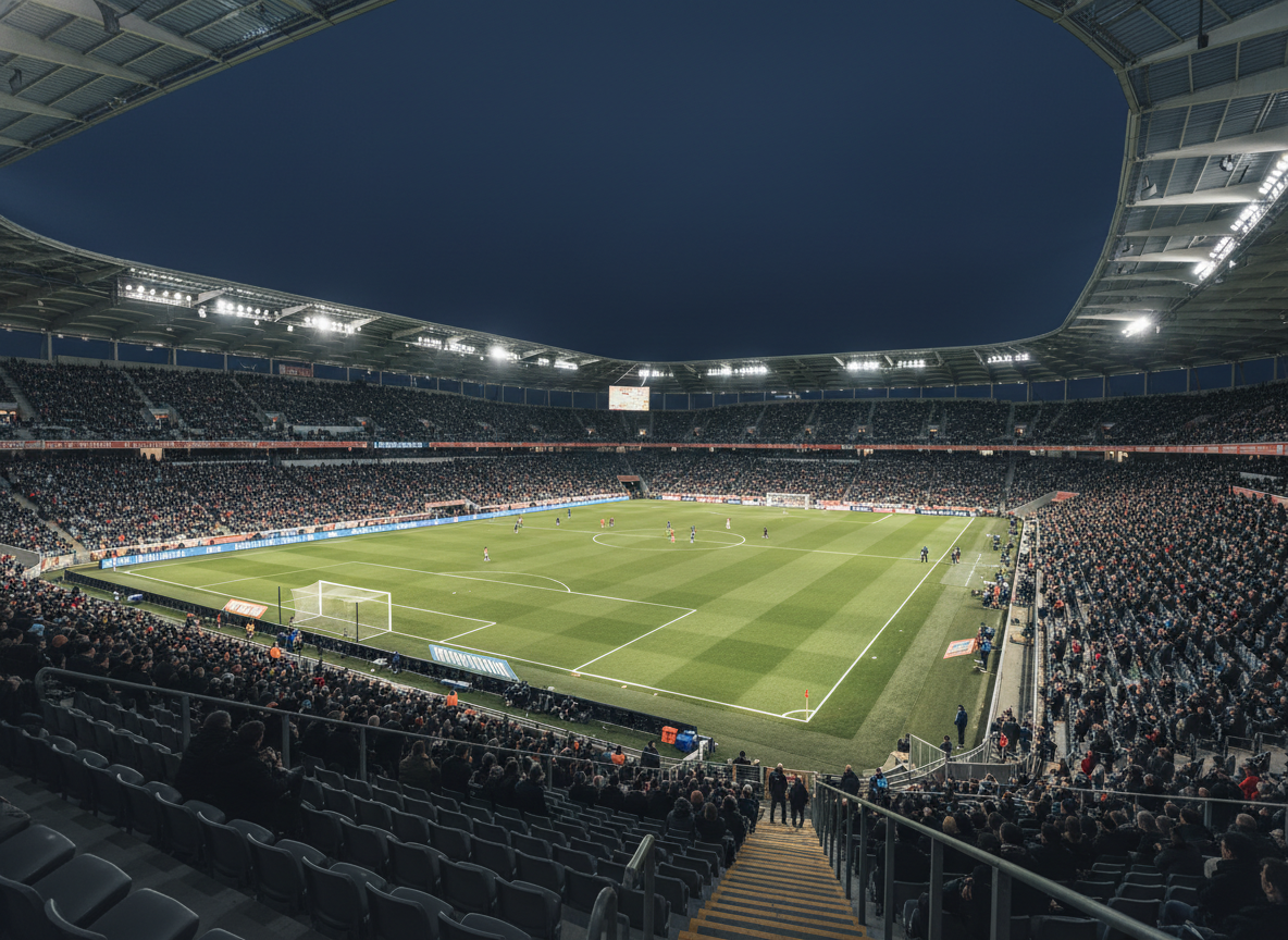 Vue panoramique d'un grand stade européen en pleine capacité lors d'un match en soirée.